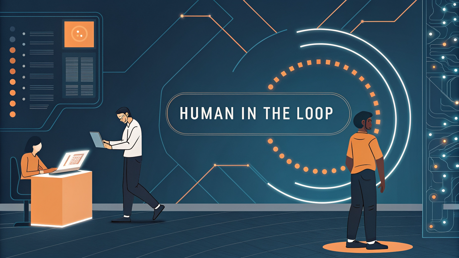 Infographie du concept Human in the Loop (HITL) montrant l'interaction entre l'IA et l'humain.