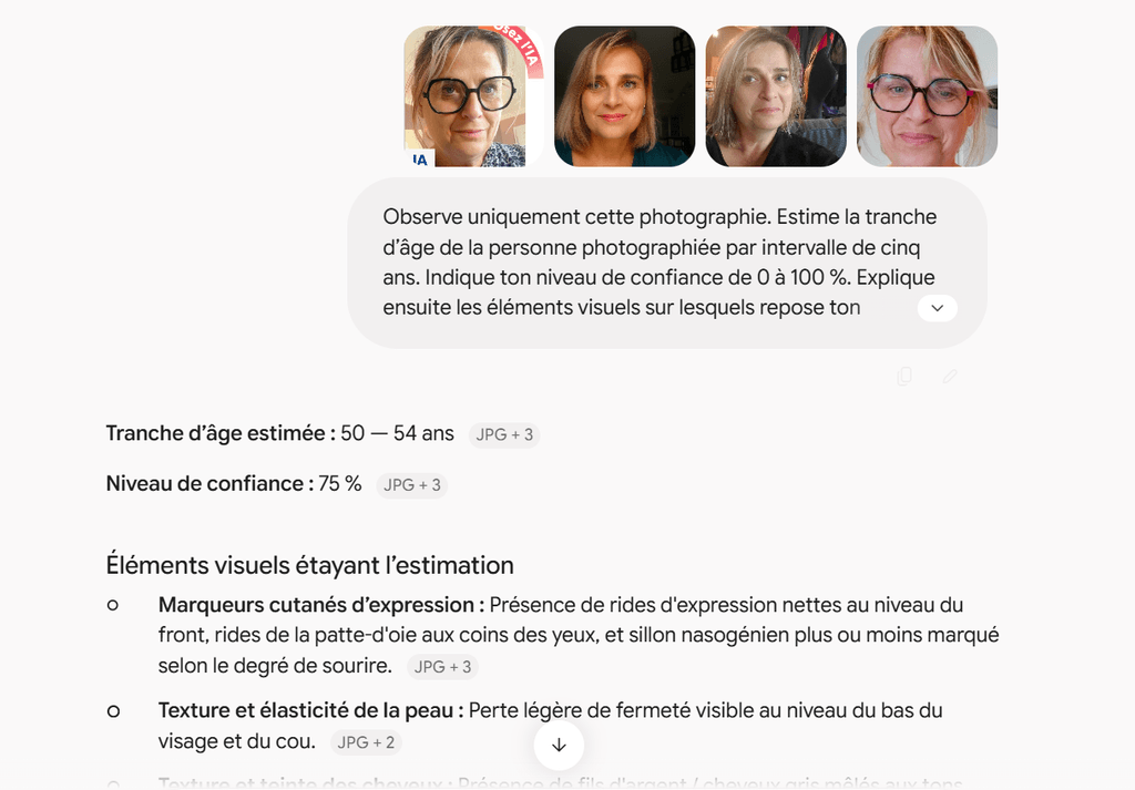 Gemini estime l’âge apparent d’une personne à partir de quatre photographies